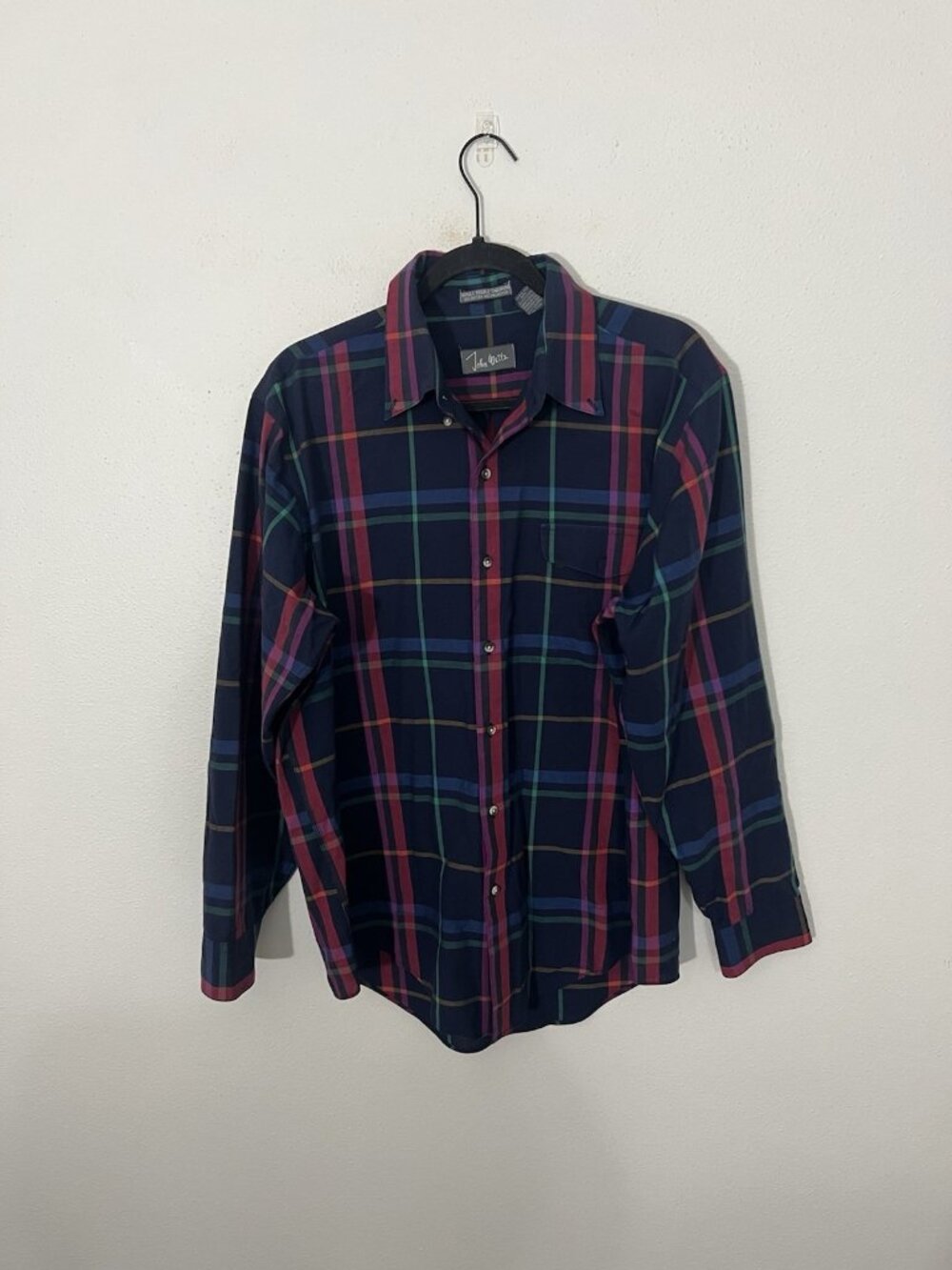 John Weitz Vintage Multicolor Plaid Button Down Shirt Size Large Cotton Blend